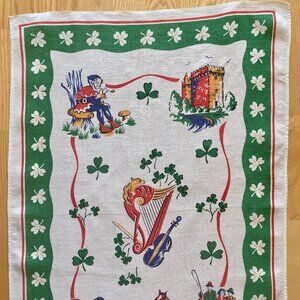 Vintage 60s Linen Kitchen Tea Towel Ireland Souvenir Harp Fiddle Leprechaun